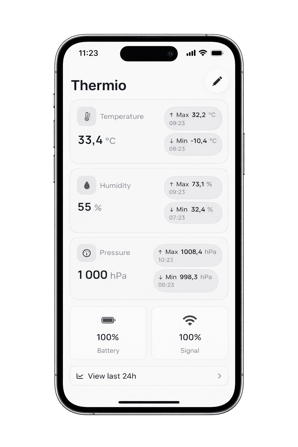 Thermio companion app showing sensor readings and historical graphs