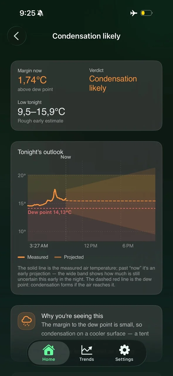 Companion app condensation forecast showing the margin to the dew point and tonight's outlook