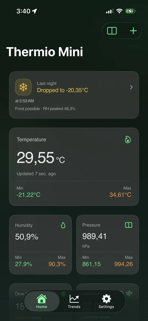 Companion app home screen showing live temperature, humidity, and pressure