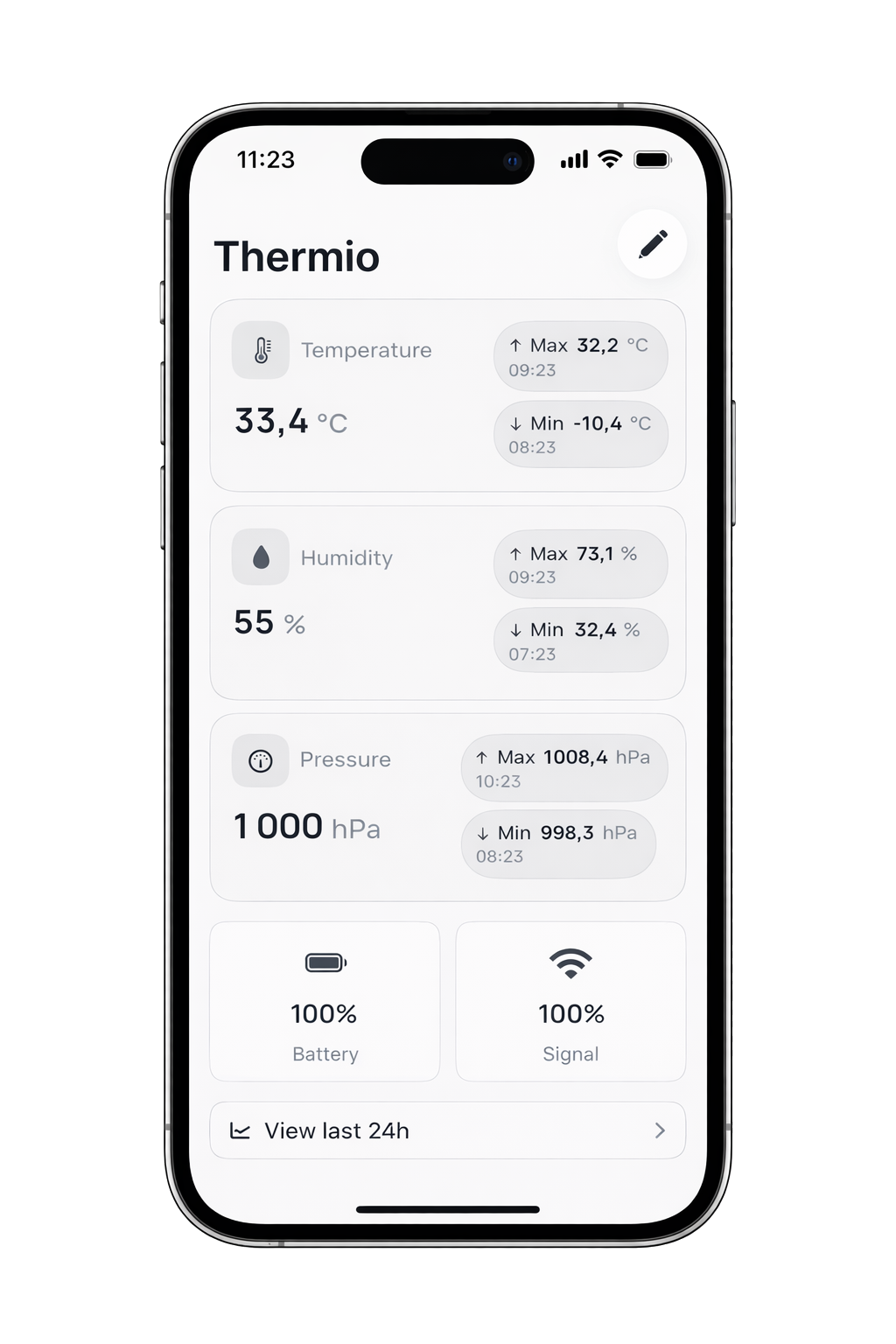 Thermio iOS app home screen showing live sensor readings
